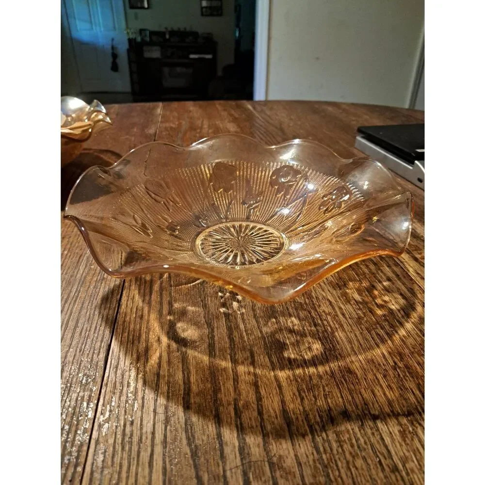Vintage Jeanette Iris Herringbone Marigold Carnival Glass Ruffled Serving Bowl